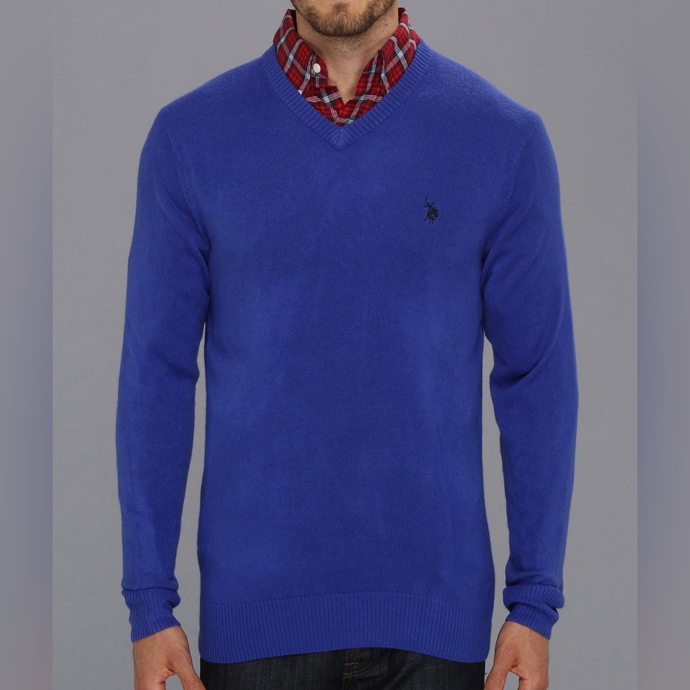U.S. Polo Assn Men’s Sweater Solid Blue V Neck Pullover Black Pony Logo Size M